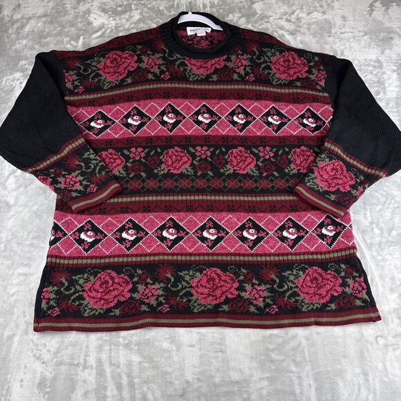 Vintage Private Eyes Knit Sweater Womens XL Black Roses Fair Isle Grandma (1099) - Picture 1 of 11